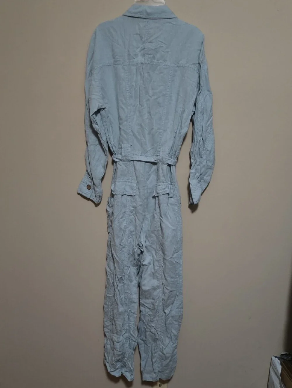 Zara Light Blue Button-Front Linen Utility Jumpsuit